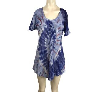 Sakkas Blue Tie Dye Peacock Embroidered Sequin Tunic Top Lace Trim Free Size NEW